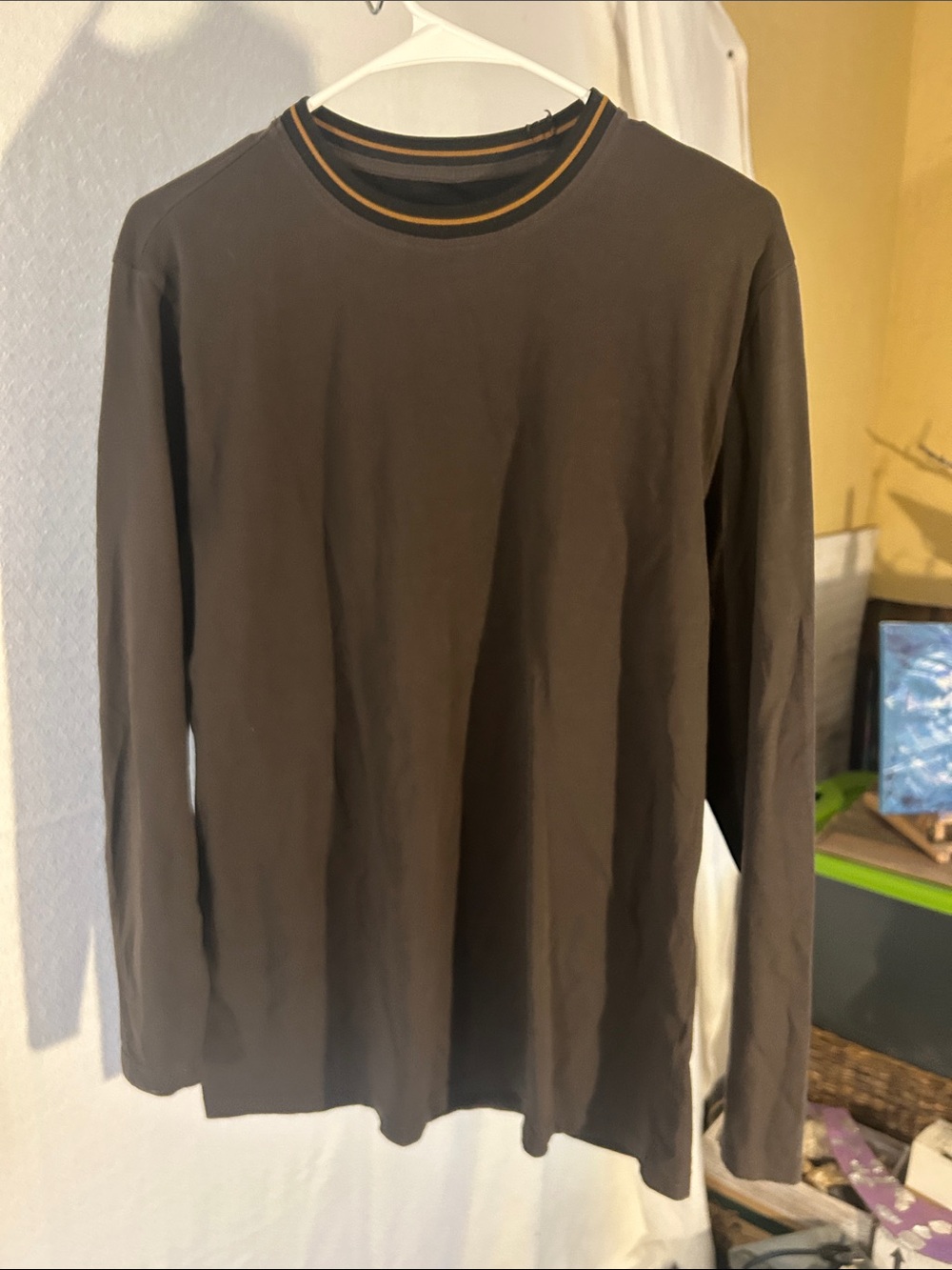 PD&C Men's Long Sleeve Crewneck Shirt - Brown with Yellow Trim